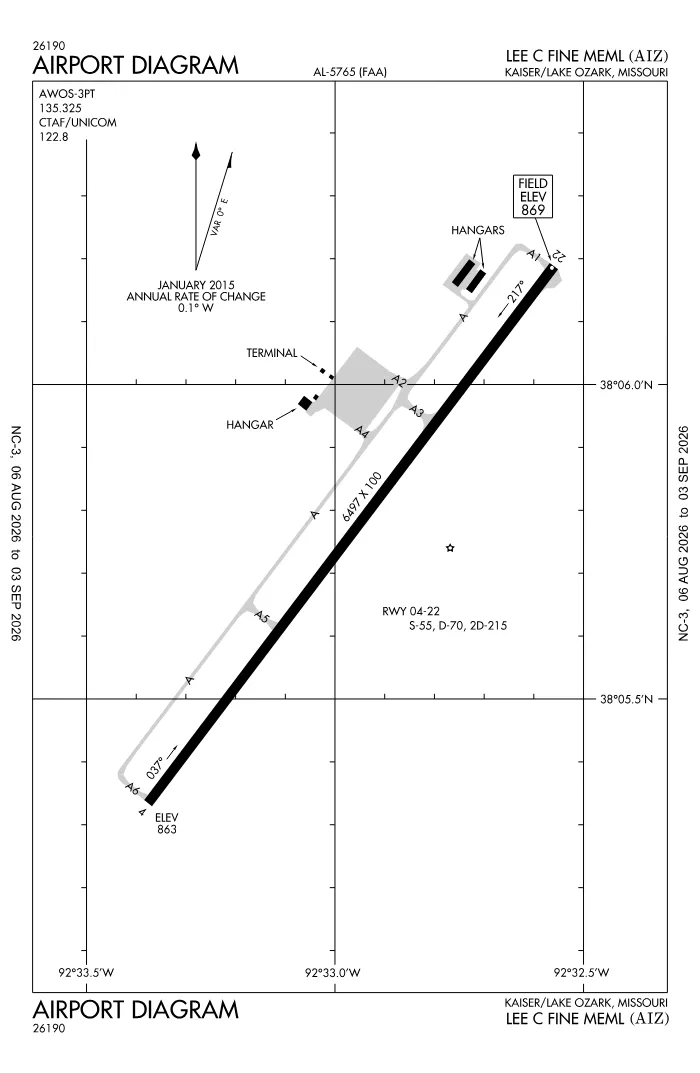 FAA airport diagram for Lee C Fine Memorial Airport (KAIZ), showing runways and taxiways