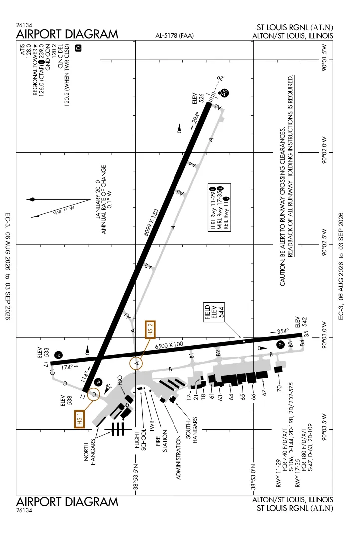 FAA airport diagram for St Louis Regional Airport (KALN), showing runways and taxiways