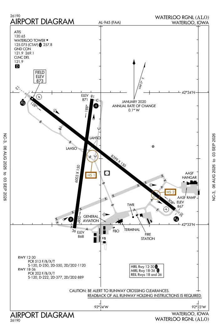 FAA airport diagram for Waterloo Regional Airport (KALO), showing runways and taxiways