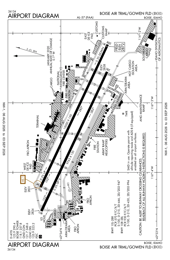 FAA airport diagram for Boise Air Terminal/Gowen Field (KBOI), showing runways and taxiways