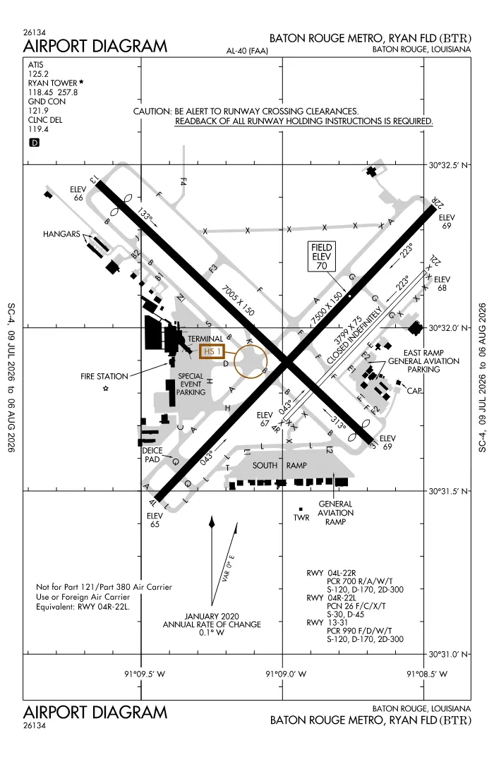 FAA airport diagram for KBTR