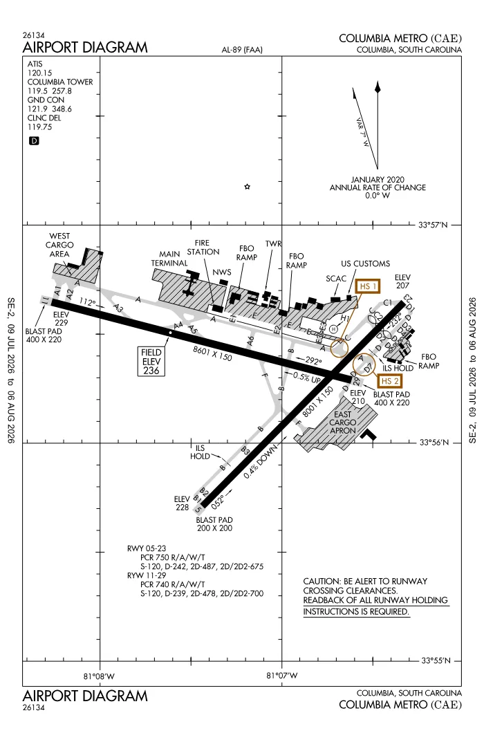 FAA airport diagram for KCAE