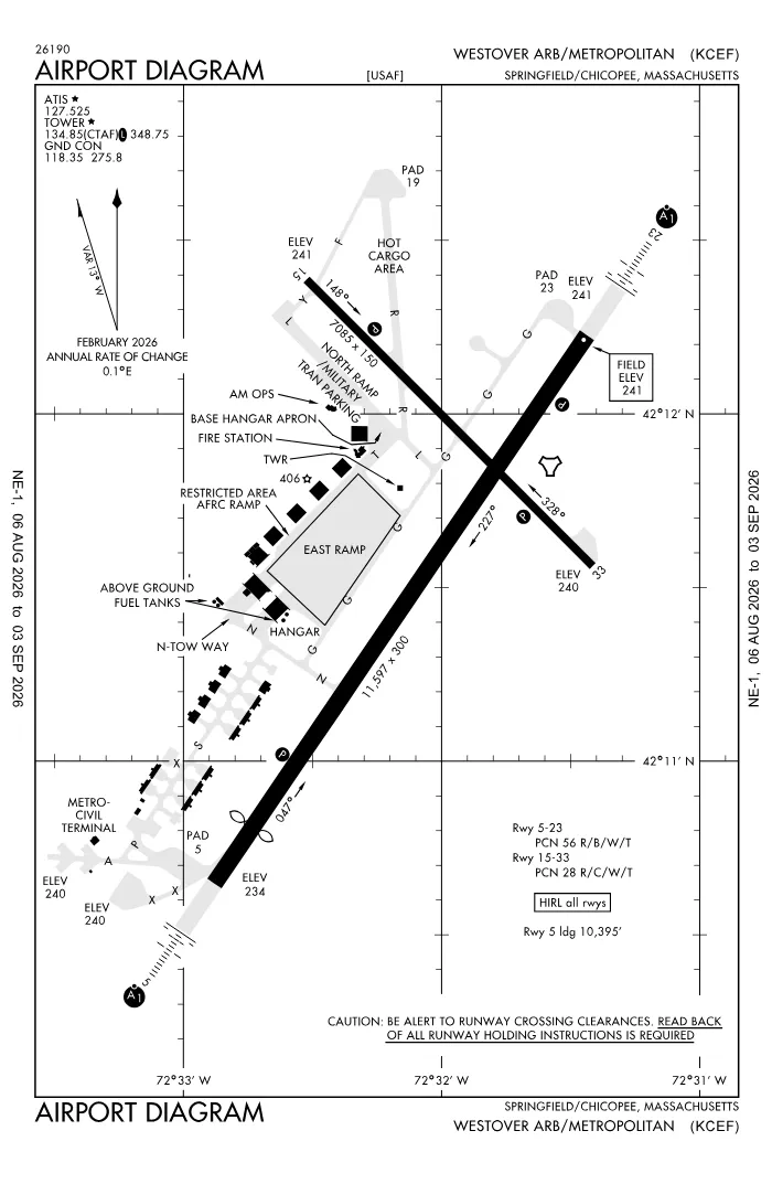 FAA airport diagram for Westover Metropolitan Airport / Westover Air Reserve Base (KCEF), showing runways and taxiways