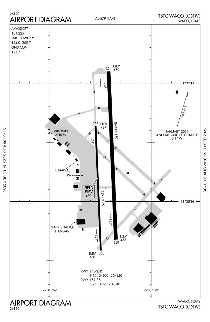FAA airport diagram for TSTC Waco Airport (KCNW), showing runways and taxiways