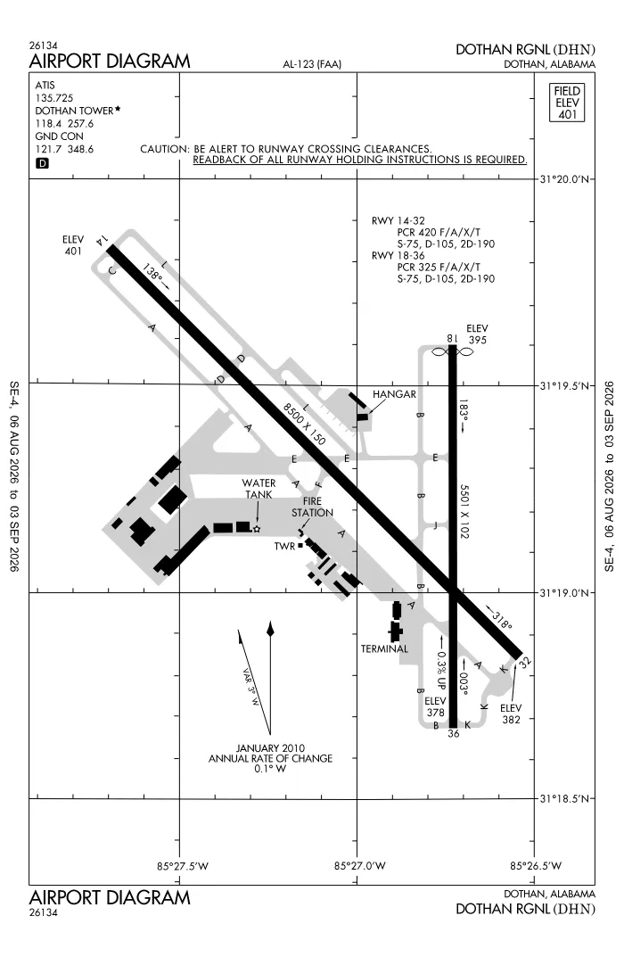 FAA airport diagram for Dothan Regional Airport (KDHN), showing runways and taxiways