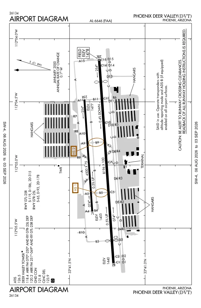 FAA airport diagram for Phoenix Deer Valley Airport (KDVT), showing runways and taxiways