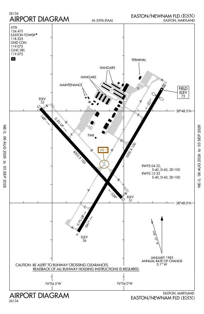 FAA airport diagram for Easton Airport / Newnam Field (KESN), showing runways and taxiways