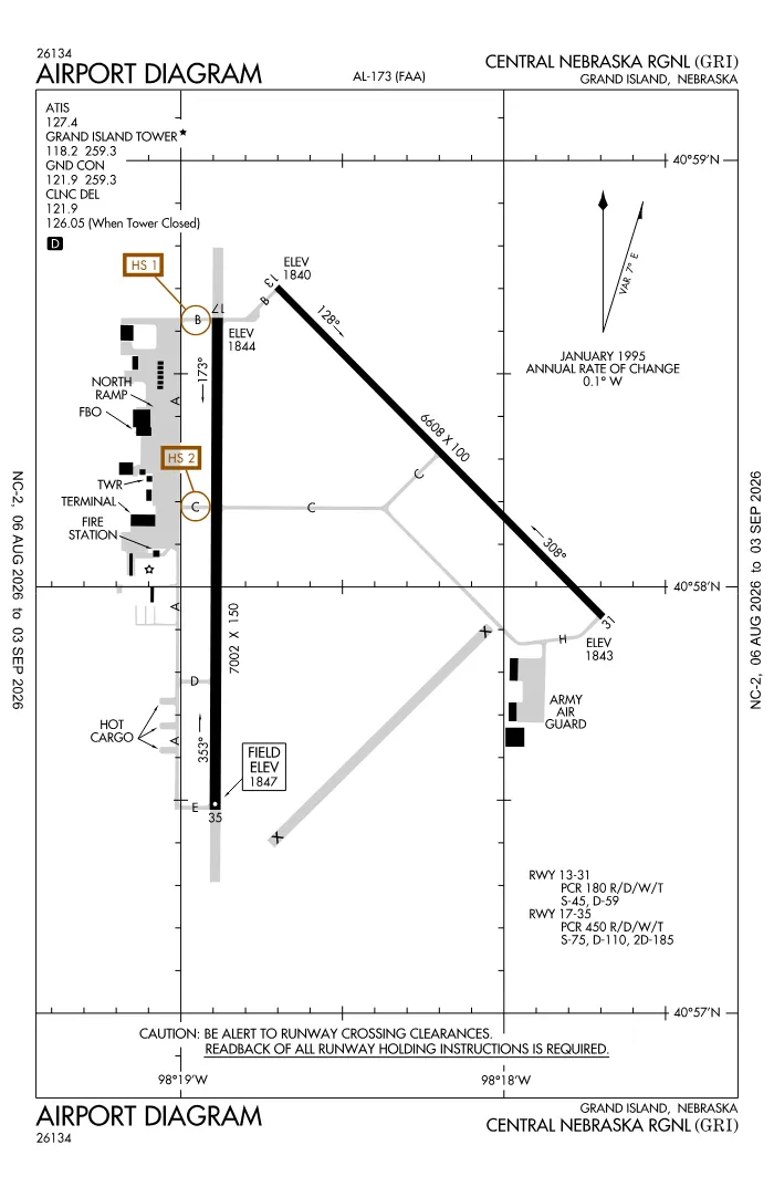 FAA airport diagram for Central Nebraska Regional Airport (KGRI), showing runways and taxiways