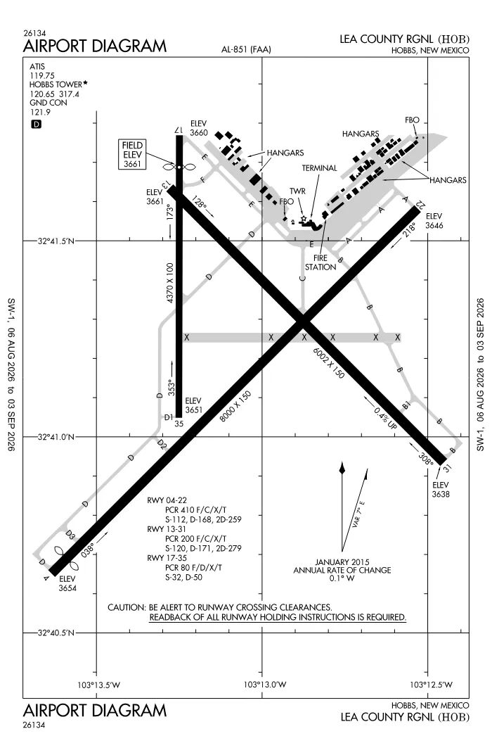 FAA airport diagram for Lea County Regional Airport (KHOB), showing runways and taxiways
