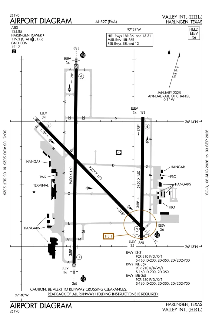 FAA airport diagram for Valley International Airport (KHRL), showing runways and taxiways