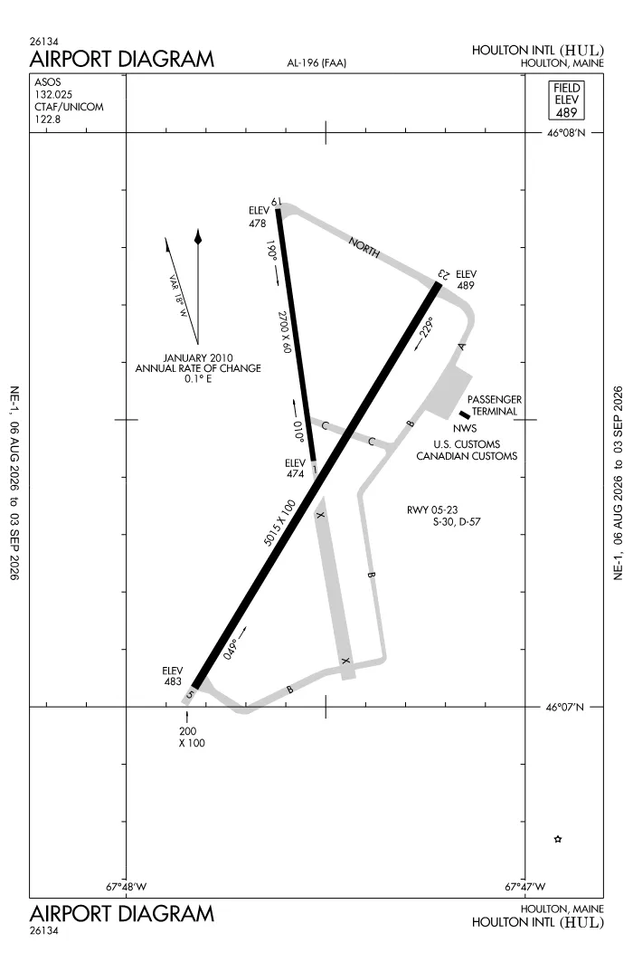 FAA airport diagram for Houlton International Airport (KHUL), showing runways and taxiways