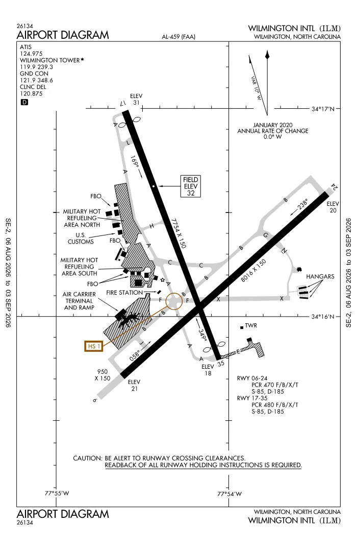 FAA airport diagram for Wilmington International Airport (KILM), showing runways and taxiways
