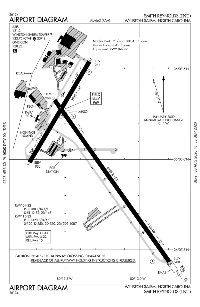 FAA airport diagram for Smith Reynolds Airport (KINT), showing runways and taxiways