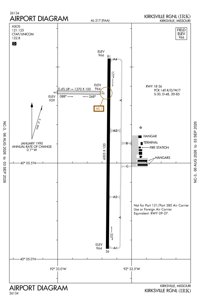 FAA airport diagram for Kirksville Regional Airport (KIRK), showing runways and taxiways