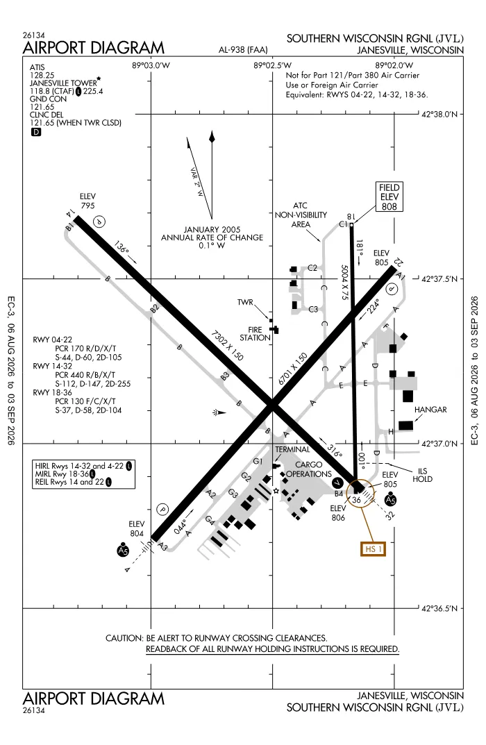 FAA airport diagram for Southern Wisconsin Regional Airport (KJVL), showing runways and taxiways