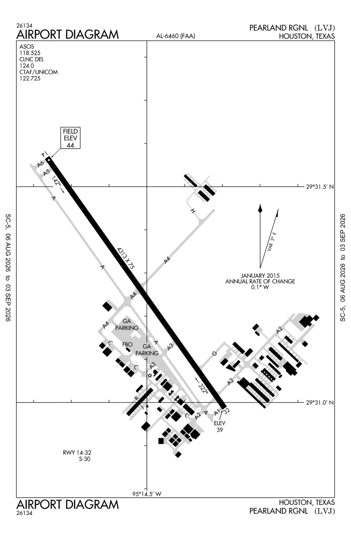 FAA airport diagram for Pearland Regional Airport (KLVJ), showing runways and taxiways