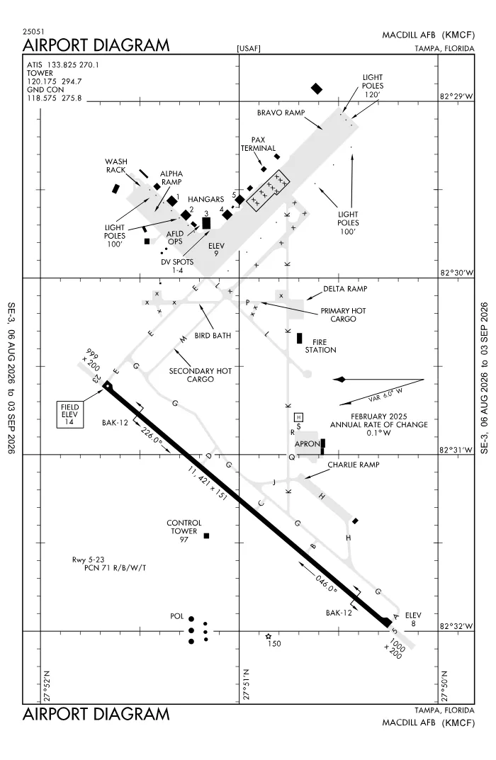 FAA airport diagram for MacDill Air Force Base (KMCF), showing runways and taxiways