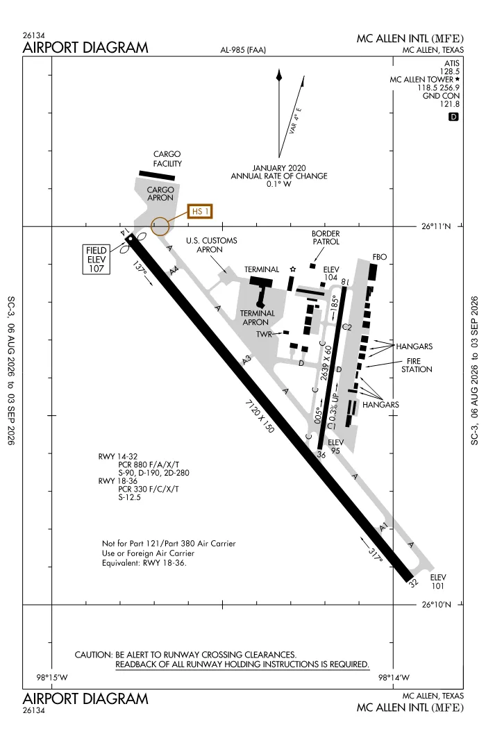 FAA airport diagram for McAllen Miller International Airport (KMFE), showing runways and taxiways