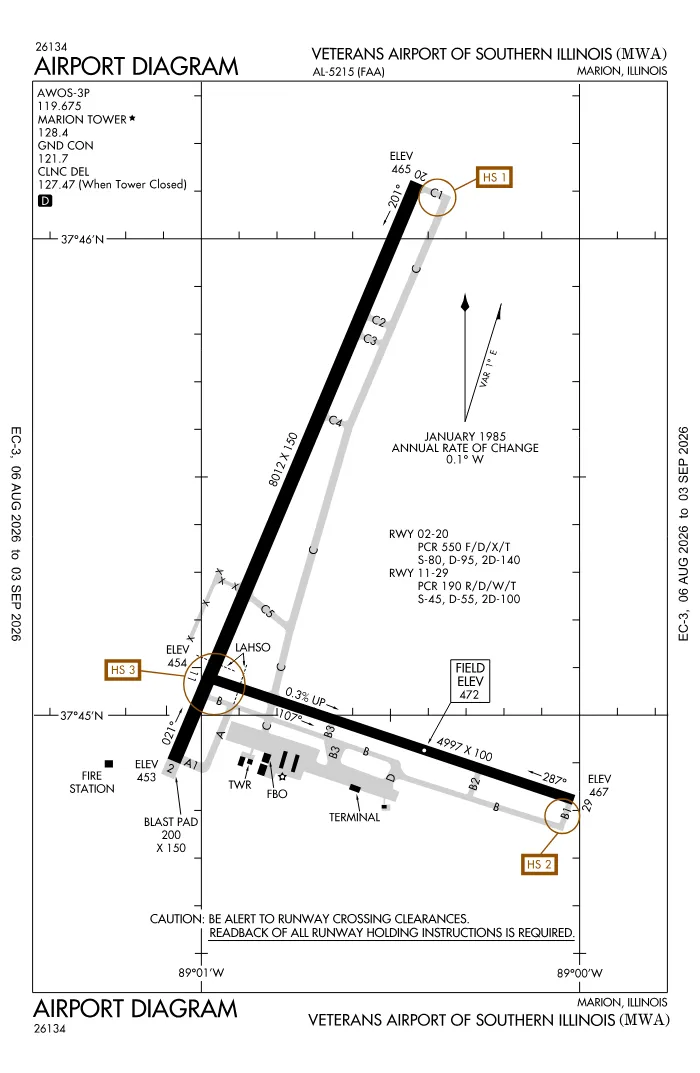 FAA airport diagram for Veterans Airport of Southern Illinois (KMWA), showing runways and taxiways