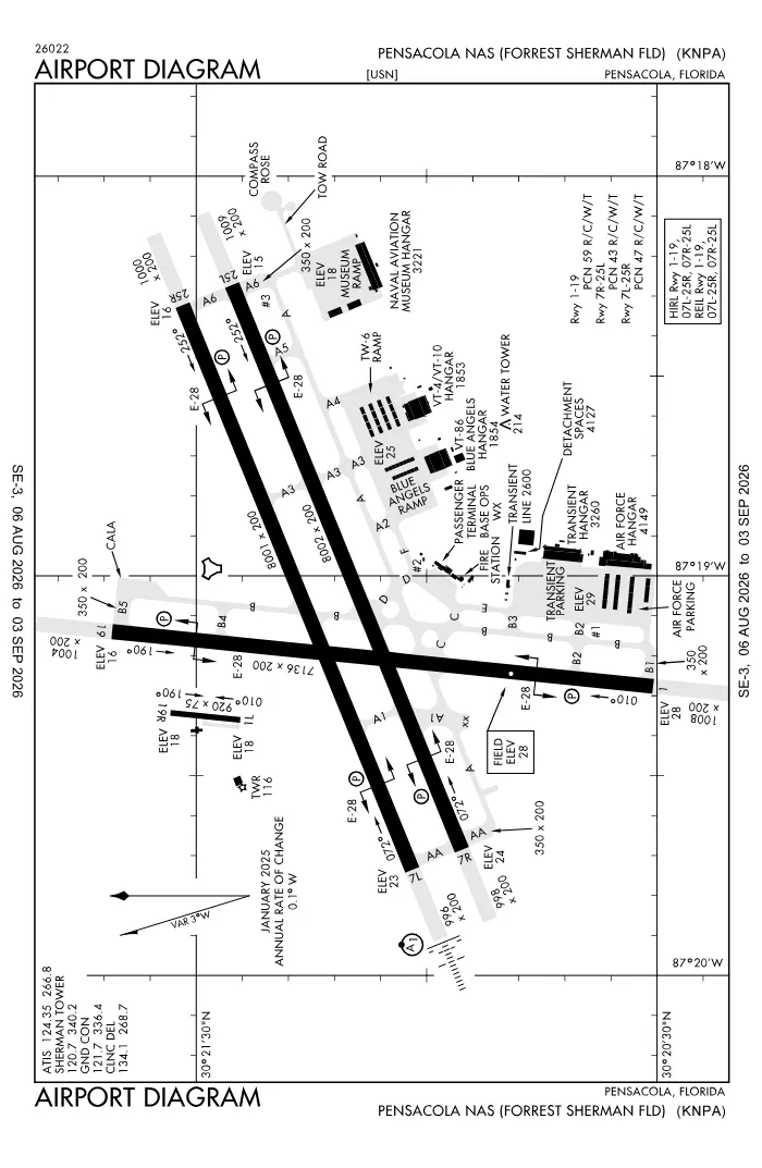 FAA airport diagram for Naval Air Station Pensacola Forrest Sherman Field (KNPA), showing runways and taxiways