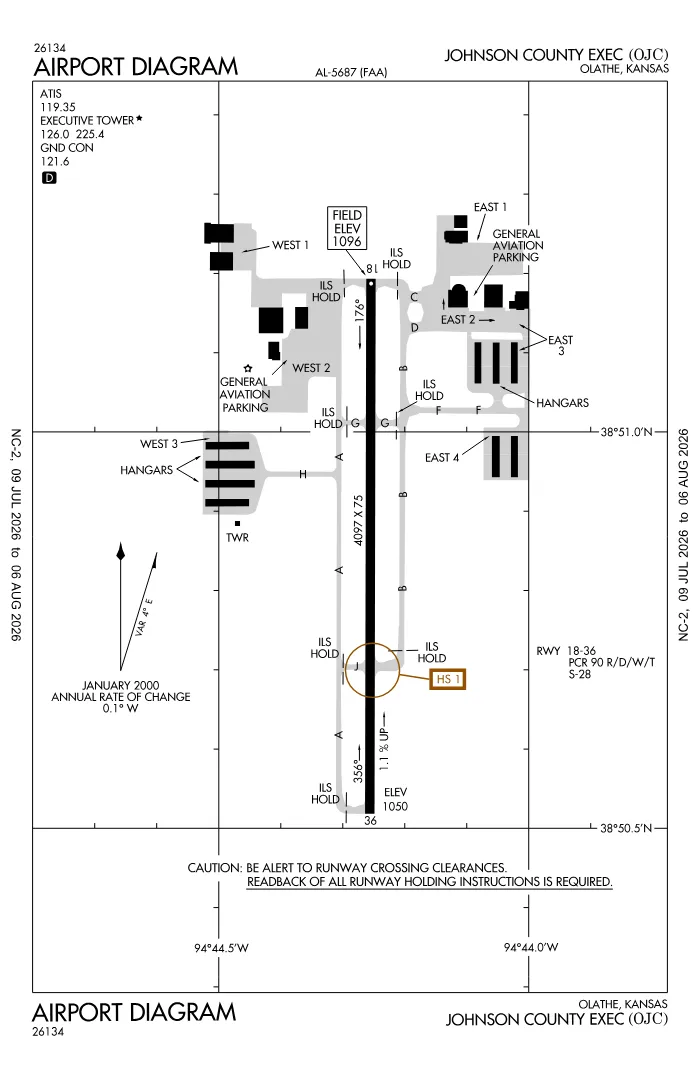 FAA airport diagram for KOJC