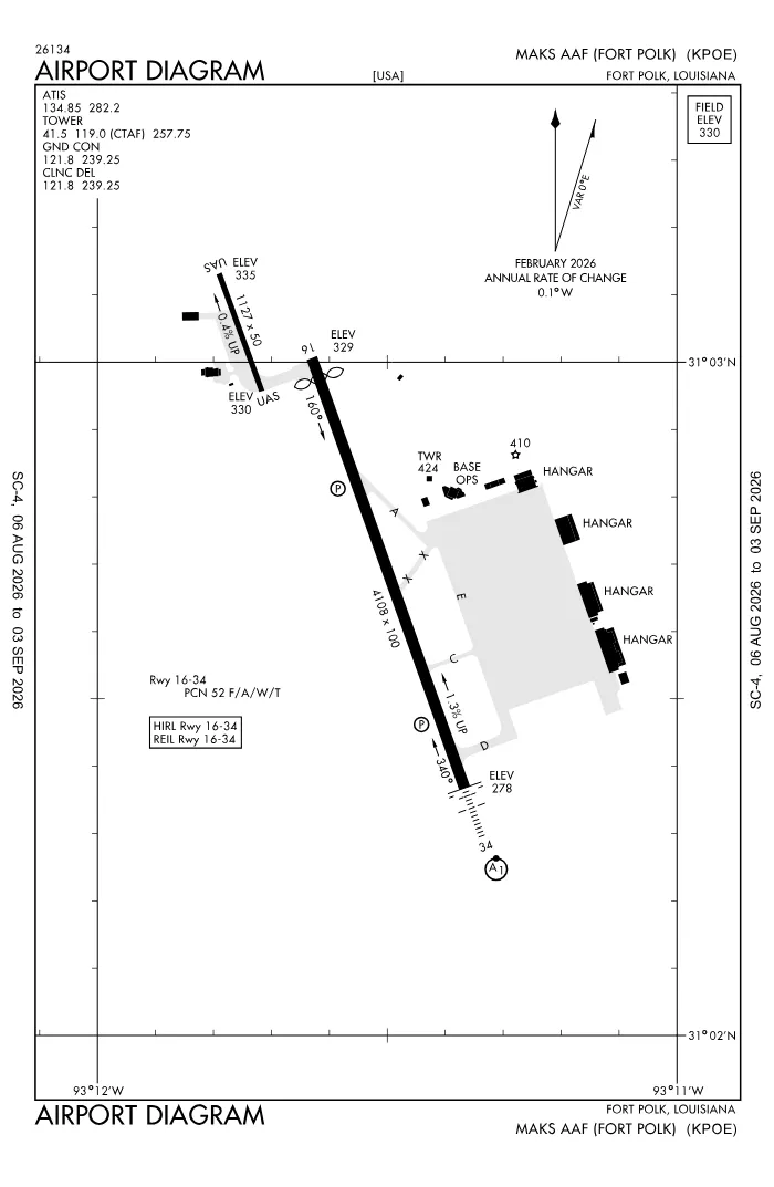 FAA airport diagram for Polk Army Air Field (KPOE), showing runways and taxiways