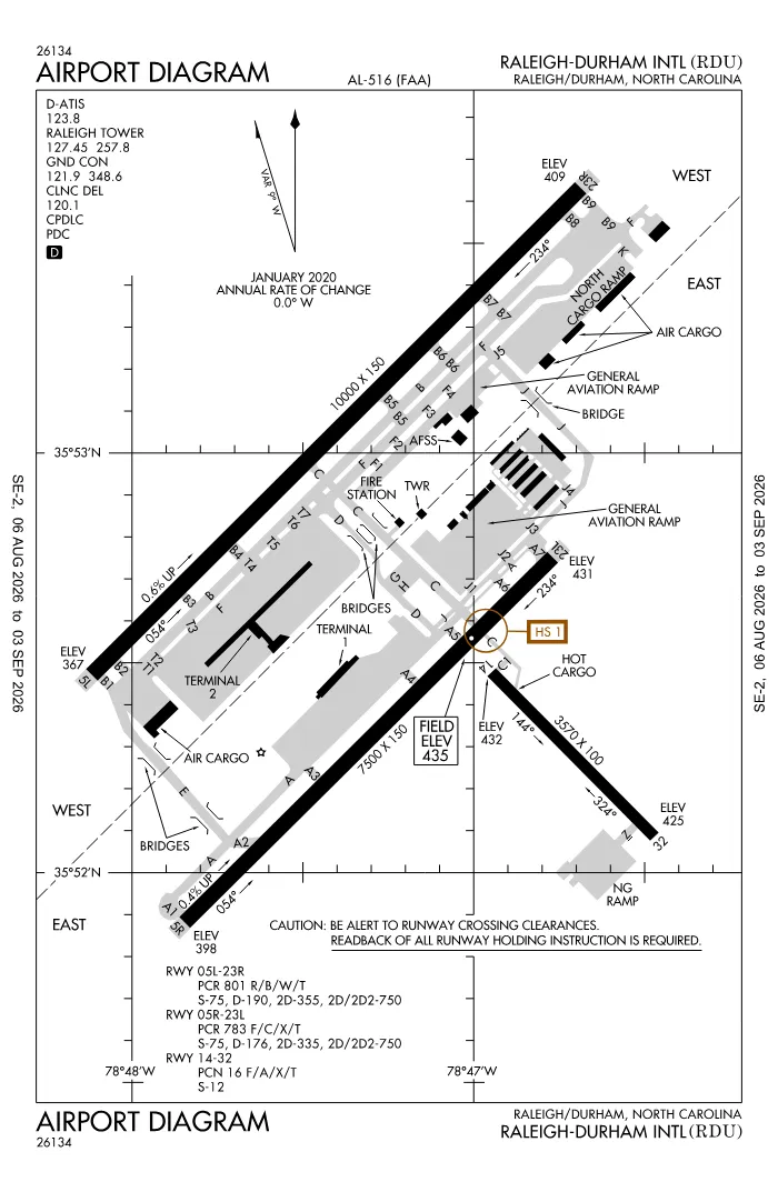 FAA airport diagram for Raleigh-Durham International Airport (KRDU), showing runways and taxiways