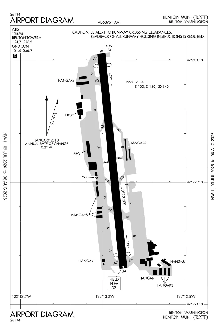 FAA airport diagram for KRNT