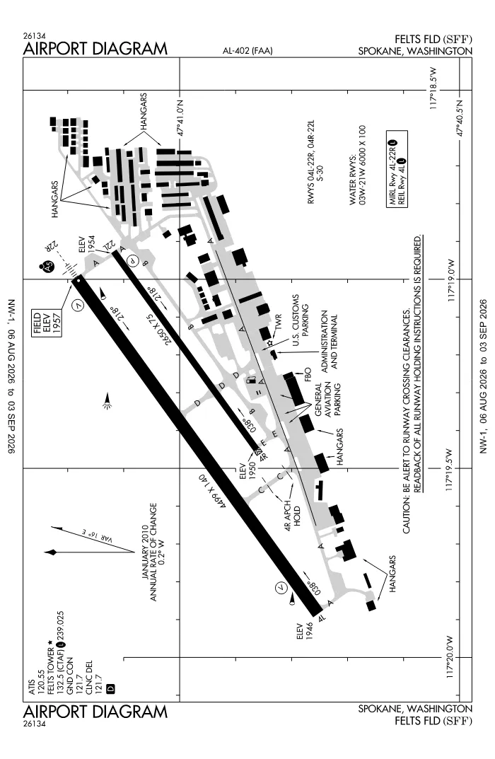 FAA airport diagram for Felts Field (KSFF), showing runways and taxiways