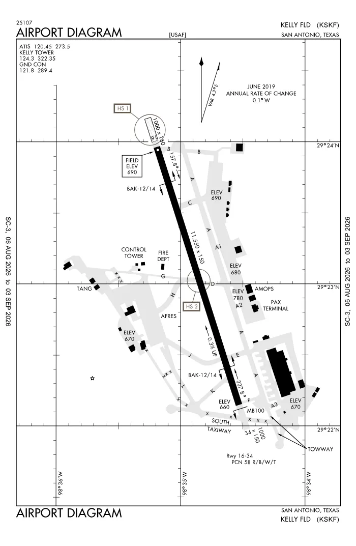 FAA airport diagram for Lackland Air Force Base (KSKF), showing runways and taxiways