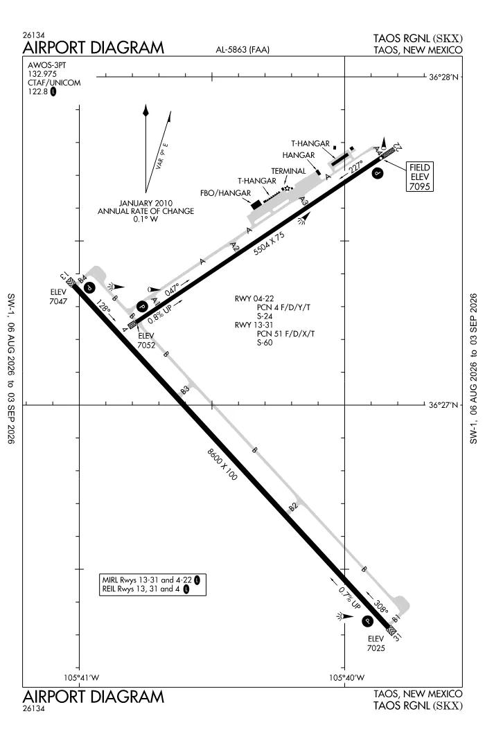 FAA airport diagram for Taos Regional Airport (KSKX), showing runways and taxiways