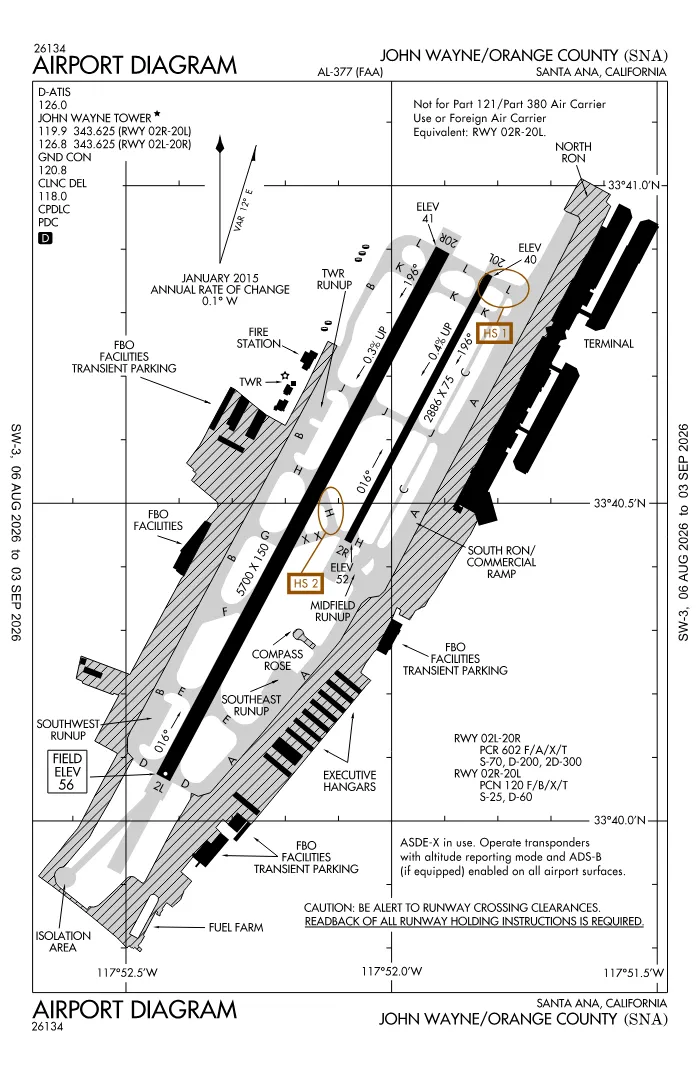 FAA airport diagram for John Wayne Orange County International Airport (KSNA), showing runways and taxiways