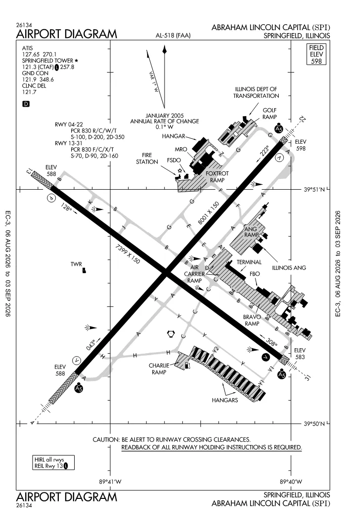 FAA airport diagram for Abraham Lincoln Capital Airport (KSPI), showing runways and taxiways