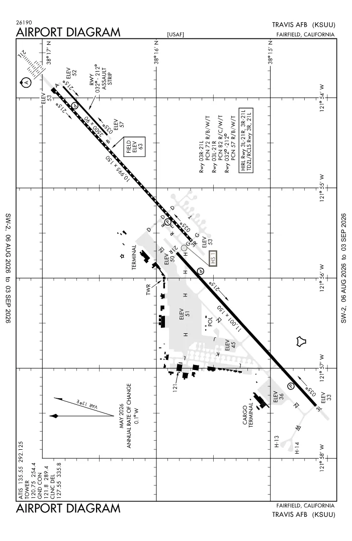 FAA airport diagram for Travis Air Force Base (KSUU), showing runways and taxiways