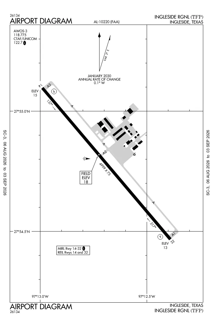 FAA airport diagram for Ingleside Regional Airport (KTFP), showing runways and taxiways