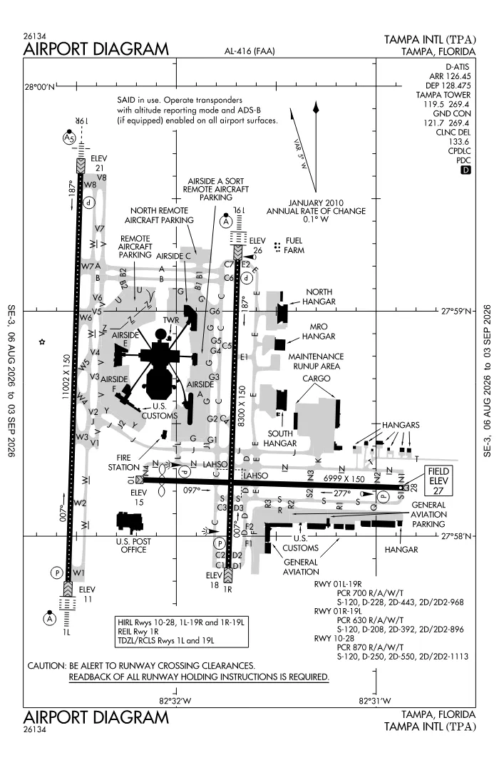 FAA airport diagram for Tampa International Airport (KTPA), showing runways and taxiways