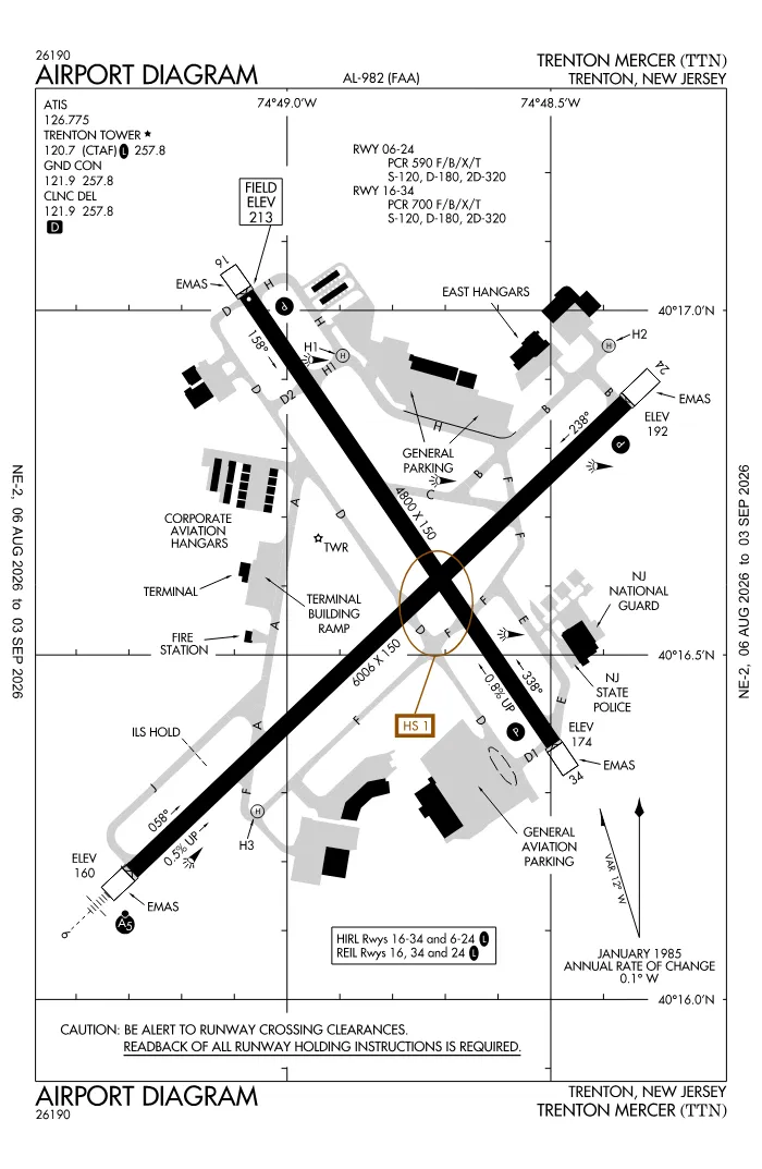 FAA airport diagram for Trenton Mercer Airport (KTTN), showing runways and taxiways