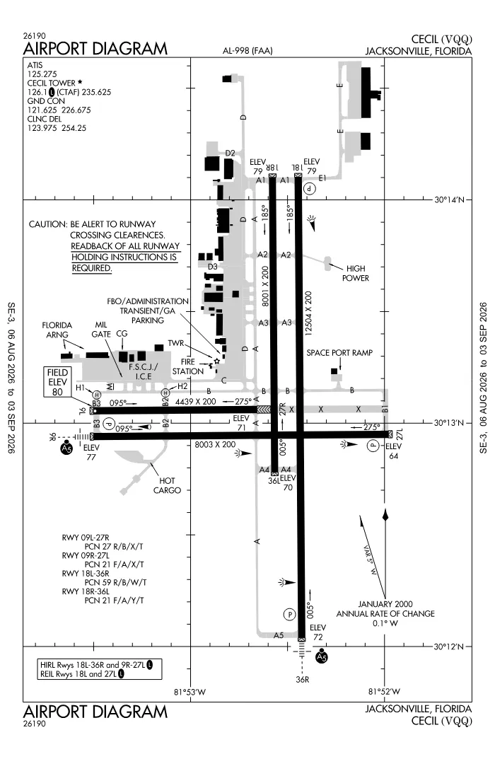 FAA airport diagram for Cecil Airport (KVQQ), showing runways and taxiways