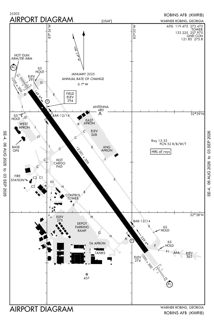 FAA airport diagram for Robins Air Force Base (KWRB), showing runways and taxiways
