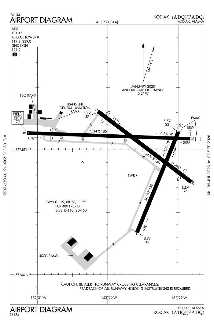FAA airport diagram for Kodiak Airport (PADQ), showing runways and taxiways