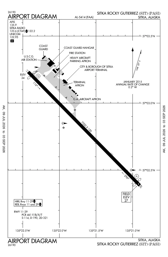 FAA airport diagram for Sitka Rocky Gutierrez Airport (PASI), showing runways and taxiways