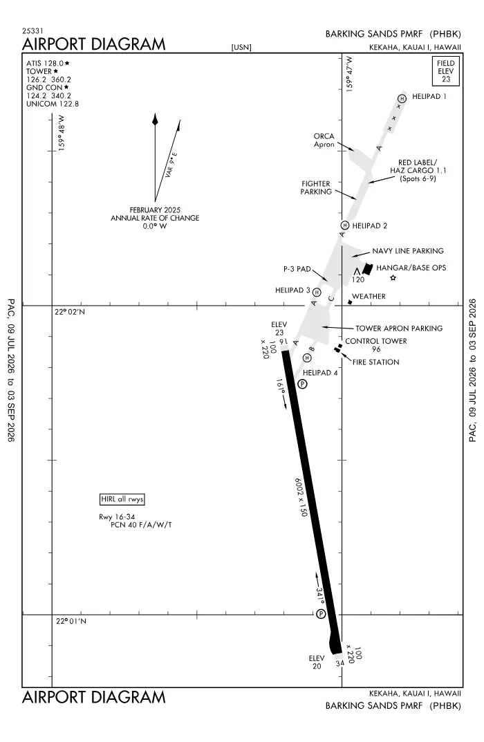FAA airport diagram for Barking Sands Airport (PHBK), showing runways and taxiways